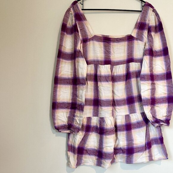 NWT BP by Nordstrom Cream + Purple Plaid Long Sleeve Square Neck Mini Dress - S - Picture 6 of 7
